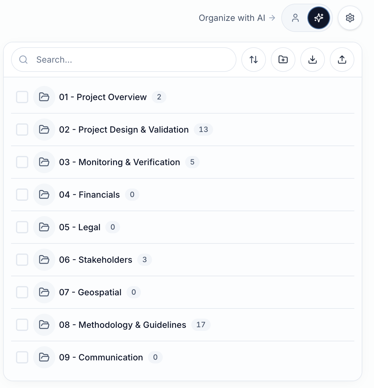 AI-organised data room with categorised project files