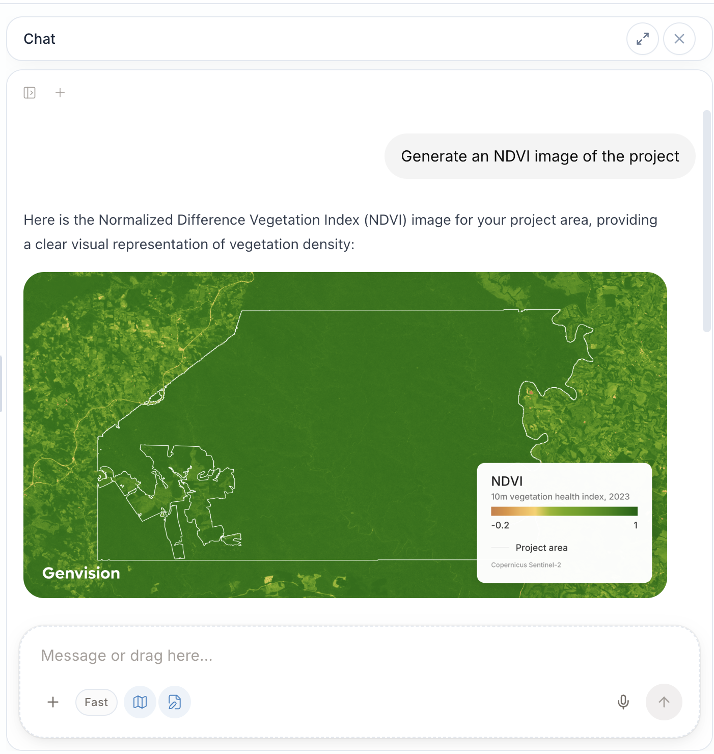 Chat cross-checking project claims against satellite data